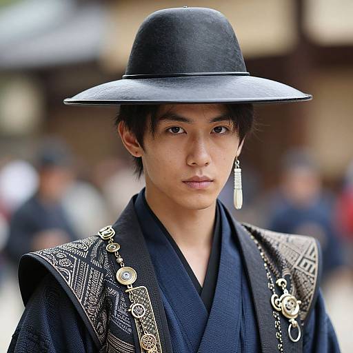 Photograph of a young Asian man with fair skin, black hair, wearing a black hat, black kimono with intricate gold patterns, and a dangling