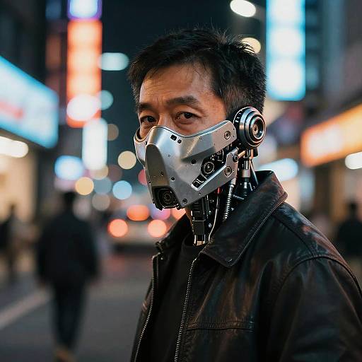 Photograph of an Asian man with short black hair wearing a metallic cybermask with headphones, standing on a brightly lit urban street at night, blurred neon