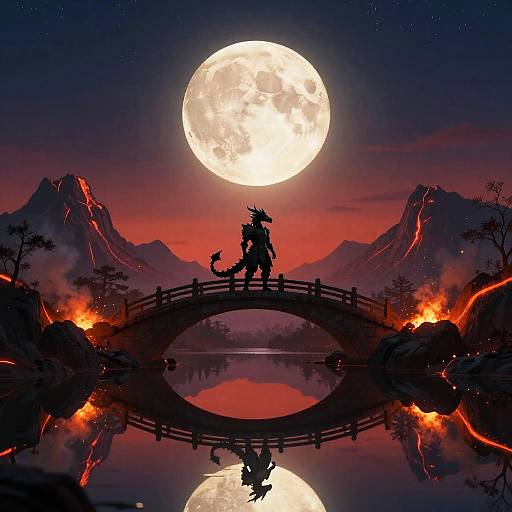 Silhouetted dragon knight on bridge, reflecting moon over fiery mountains, vibrant red-orange sky, digital art with dramatic lighting and reflection.