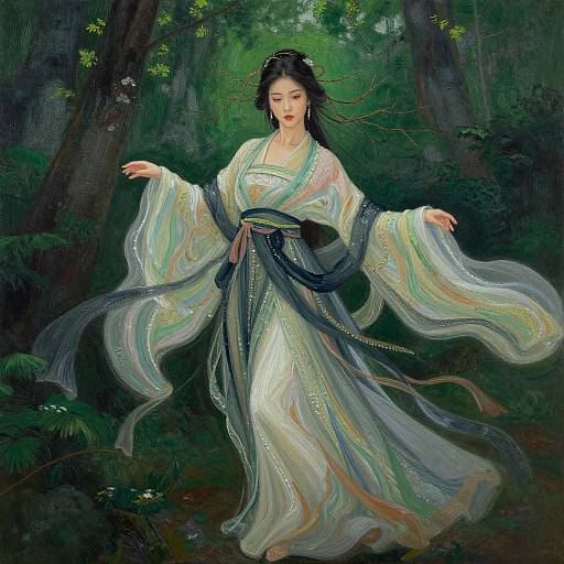 Digital painting of an East Asian woman in a flowing, iridescent kimono, standing gracefully in a lush, dark forest.
