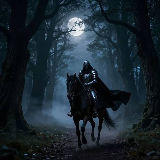 Photorealistic digital art: Dark knight in full armor and cloak rides a black horse through a misty, moonlit forest, eerie blue tones.