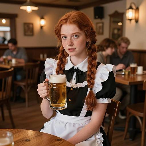 Red-haired maid holding frothy beer mug in tavern