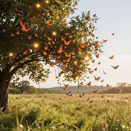 Sunlit Tree with Orange Butterfly Swarm
