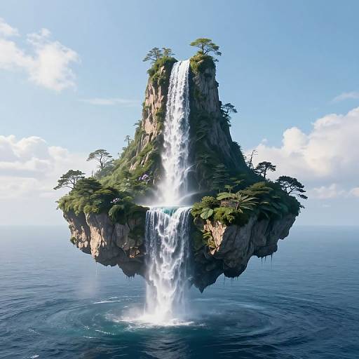 Photorealistic CGI of a floating island with a tall waterfall cascading into the ocean, surrounded by lush greenery and clear blue sky.