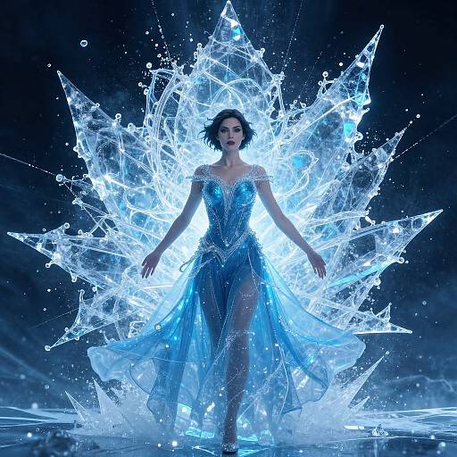 Digital artwork of a woman in a glowing blue, ice-like dress with crystalline, ethereal wings, set against a dark, starry background.