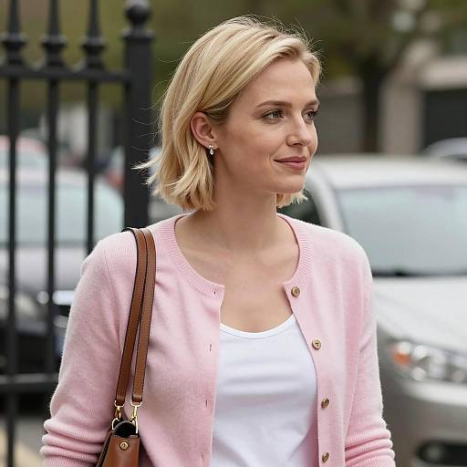 Blonde Woman in Pink Cardigan Outdoors