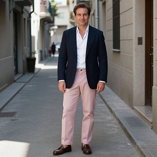 Photograph of a smiling young man standing on a narrow urban alleyway, wearing a navy blazer, white shirt, pink pants, and brown shoes
