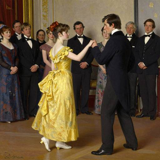 Victorian-era ballroom scene: A woman in a bright yellow, ruffled dress and white shoes dances with a man in black tuxedo,