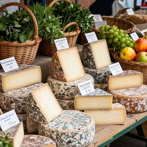 Photograph of a market stall with various cheeses, labeled 