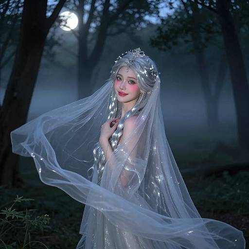 Photograph of a fair-skinned, young woman with red lipstick, wearing a glowing, translucent veil and crown, in a dark, moonlit forest
