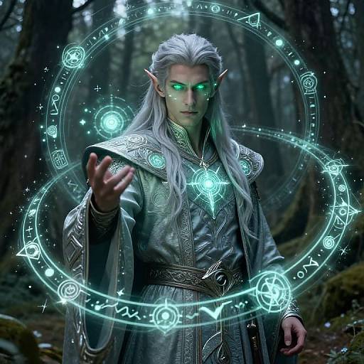 Digital artwork of a silver-haired, green-eyed elf with pointed ears, wearing ornate silver robes, casting a glowing magic circle in a dark, mist