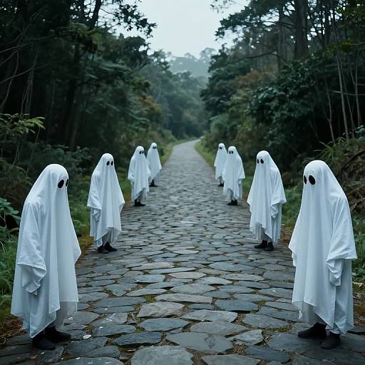 Photograph of eight white-sheeted ghosts with black eyes walking in a line on a cobblestone path through a dense, forested area.