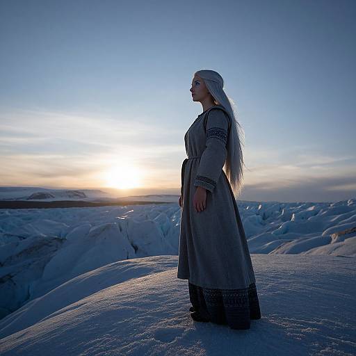 Photograph of a woman with long white hair, wearing a long, embroidered, gray dress, standing on snowy terrain at sunset.