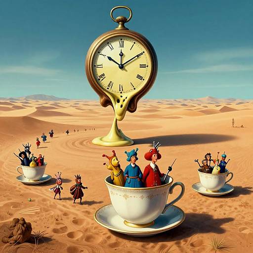 Digital artwork: Clock with ant-sized characters in teacups on a desert, blue sky background, sand dunes, and scattered small figures.