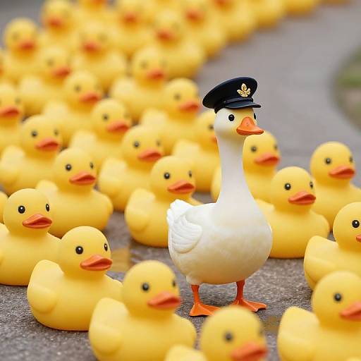 Photograph of a single white duck with a black police hat standing among a crowded field of yellow rubber ducks on a gray pavement.