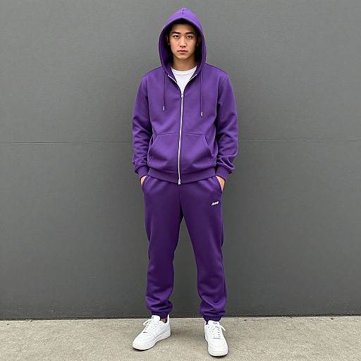 Photograph of an Asian man standing against a gray wall, wearing a purple hooded jacket, matching pants, white shoes, and hands in pockets.