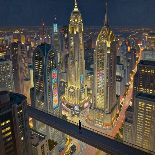 Nighttime aerial photograph of a brightly lit, modern cityscape with illuminated skyscrapers, a prominent central tower, and busy streets below.