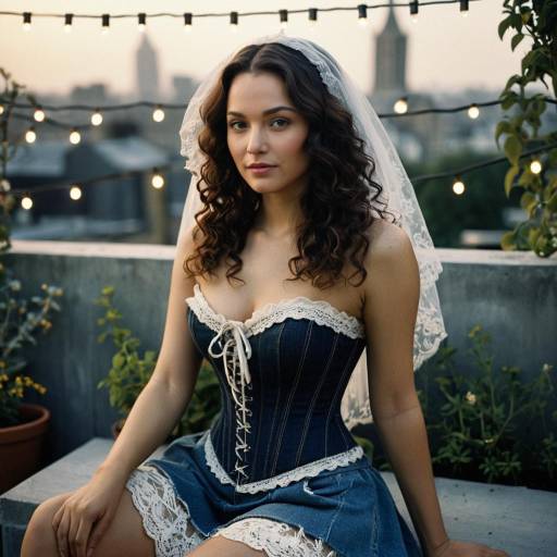Woman in Lace Corset and Veil on Urban Rooftop