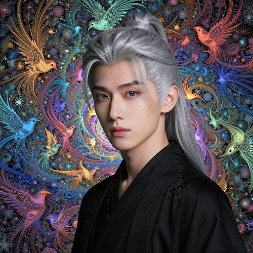 Portrait of Young Man with Silver Hair and Fractal Bird Background