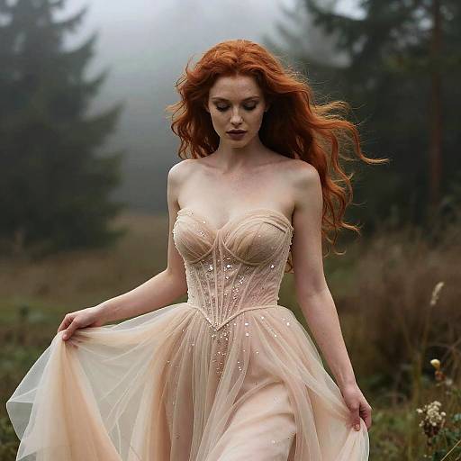 Photograph of a fair-skinned, red-haired woman with long, flowing hair wearing a strapless, pale pink, beaded gown, standing in