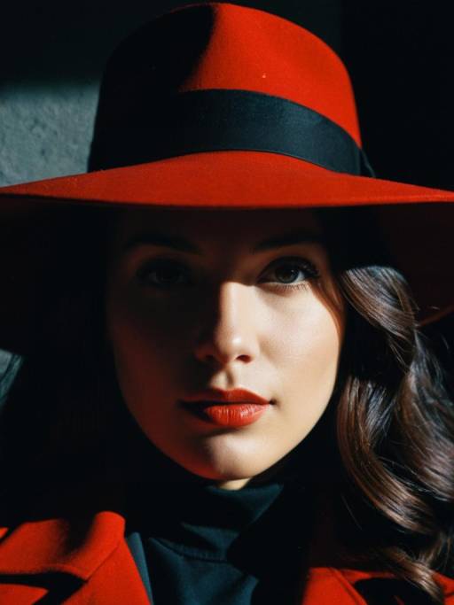 Woman in Red Fedora Hat with Dramatic Lighting