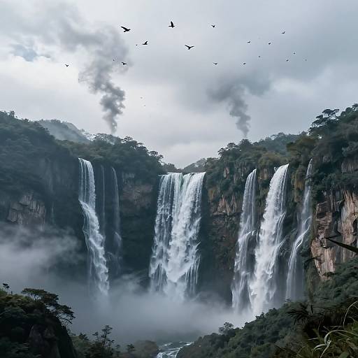 Photograph of multi-tiered waterfalls cascading over rugged cliffs, surrounded by dense, green foliage and mist, with birds flying above against a cloudy