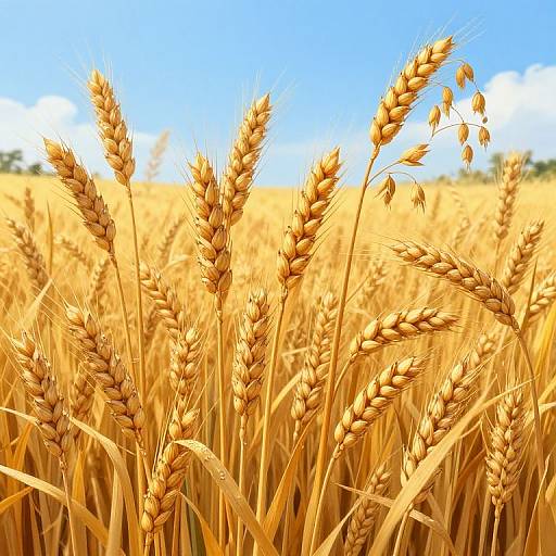 Photograph of a golden wheat field under a bright blue sky with scattered white clouds, showcasing close-up details of wheat stalks.