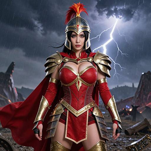 Digital art of a fierce, busty warrior woman in red and gold armor with a feathered helmet, standing in a stormy, lightning-filled battlefield.