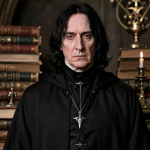 Photograph of a middle-aged man with long black hair, pale skin, wearing a black cleric robe and cross necklace, standing in a dimly lit