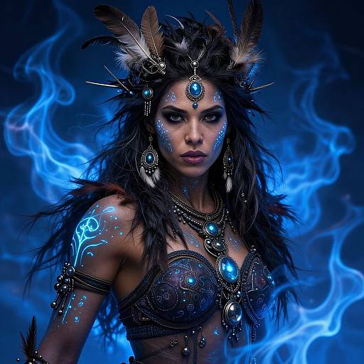 Photograph of a fierce, dark-haired woman in tribal warrior attire with blue glowing tattoos, feathered headpiece, and jewelry, set against a blue