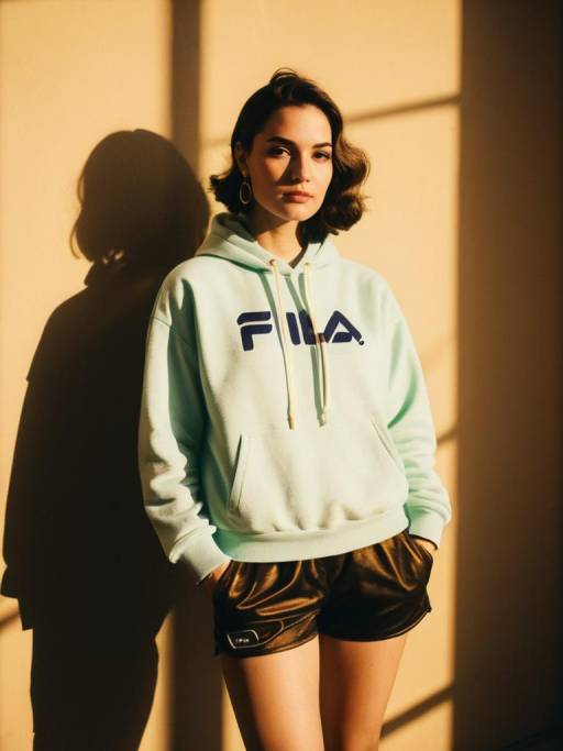 Woman in Neon Green FILA Hoodie and Metallic Shorts