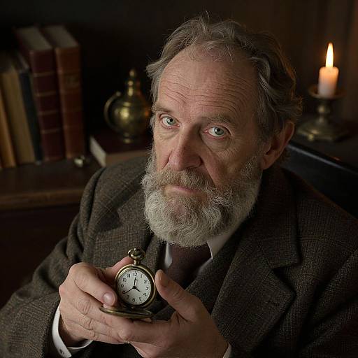 Photograph of an older man with a white beard, wearing a brown tweed suit, holding a vintage pocket watch, in a dimly lit library