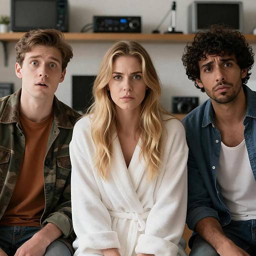 Three People with Intense Expressions Sitting Indoors