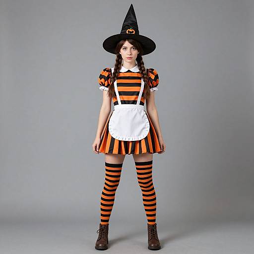 Photograph of a young woman in a Halloween costume: black witch hat, orange and black striped dress, white apron, striped thigh-high socks,