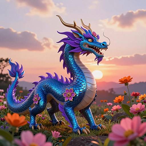 Vivid Blue and Purple Dragon with Floral Accents at Sunset