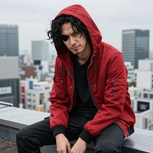 Photograph of a middle-aged man with curly black hair, wearing a red hooded jacket, black shirt, and sunglasses, sitting on a rooftop with