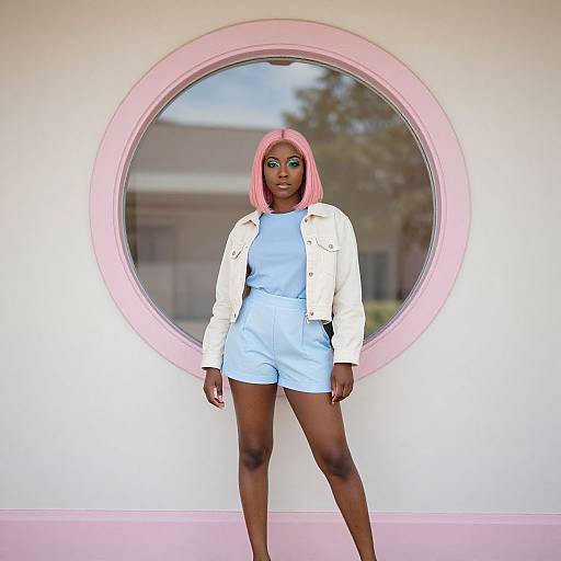 Photograph of a Black woman with pink hair, wearing a white jacket, light blue top, and shorts, standing in front of a circular pink-fr