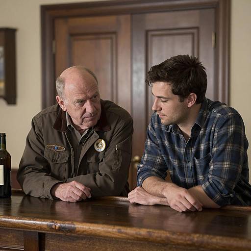 Two Men Leaning on Wooden Bar Counter