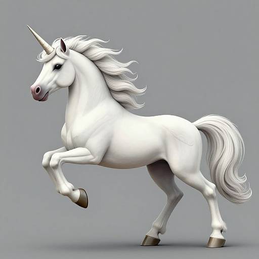 Digital CGI of a white unicorn with a flowing mane and tail, pink muzzle, and raised front leg, set against a gray background.