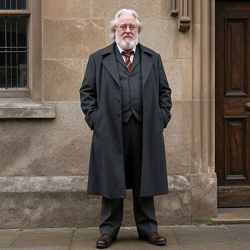 Photograph of an elderly white man with a white beard, wearing a black overcoat, black suit, red tie, and black shoes, standing in