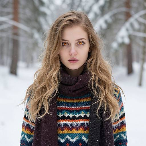 Photograph of a young woman with long, wavy blonde hair and amber eyes, wearing a colorful, patterned sweater and black scarf, standing in