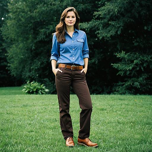 Woman in Blue Shirt and Brown Pants Outdoors
