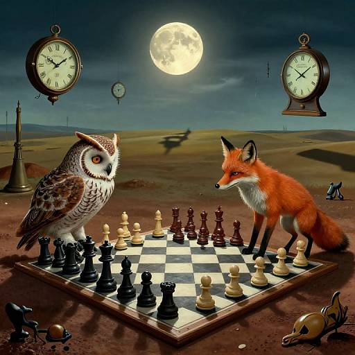 Digital artwork: Owl and fox playing chess under a full moon, surrounded by floating clocks, in a desert landscape. Chess pieces scattered around.