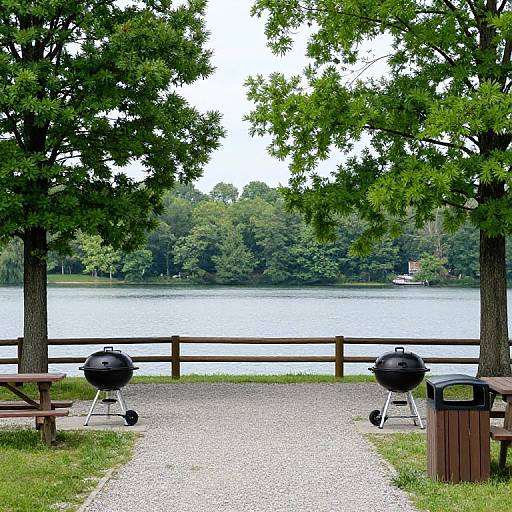 Photograph of a peaceful lakeside park with two black charcoal grills, wooden tables, lush green trees, and a gravel path.