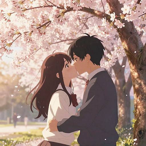 Romantic Anime Kiss Under Cherry Blossoms