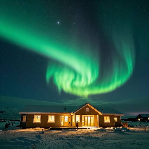 Photograph of a snow-covered house at night with vibrant green Northern Lights illuminating the starry sky above. Warm yellow lights glow from windows.