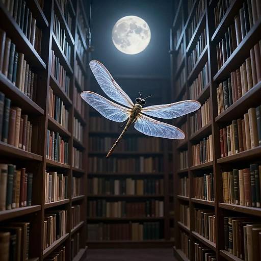 Photograph of a glowing blue dragonfly with translucent wings, hovering between two rows of dark wooden bookshelves, under a bright full moon.