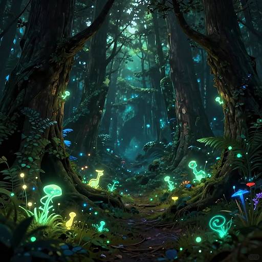 Digital art of a mystical forest at night, illuminated by glowing, colorful mushrooms and fireflies, with towering, dark trees in the background.