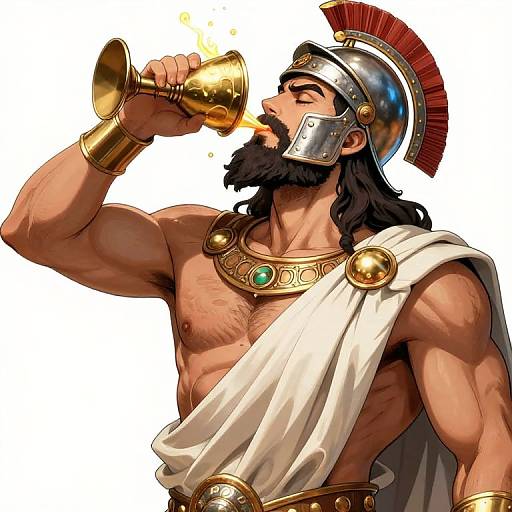 Muscular, bearded warrior with dark hair, red plume helmet, drinking from golden cup, white toga, gold armlets, necklace with