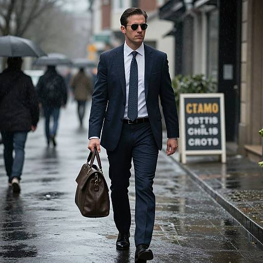 Photograph of a tall, handsome man in a dark suit, white shirt, and tie, carrying a brown leather briefcase, walking on a wet